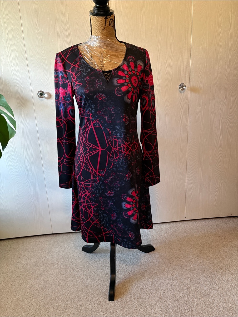 Papillon Long Sleeve Black & Pink Floral A-Line Dress